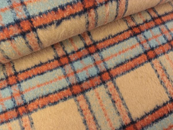 Mantel- und Jackenstoff Heavy brush Karos beige-rauchblau-navy-orange Im Angebot – Bild 2